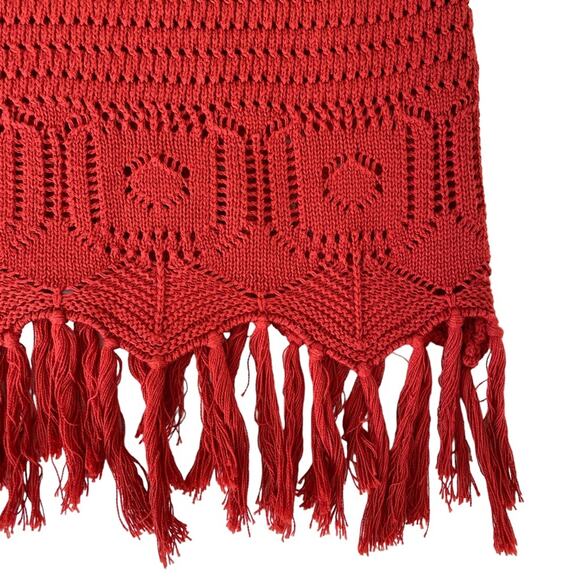 JohnPaulRichard Fringe Hem Red Knit Crocheted Short Sleeve Sweater Top Small - Picture 11 of 11